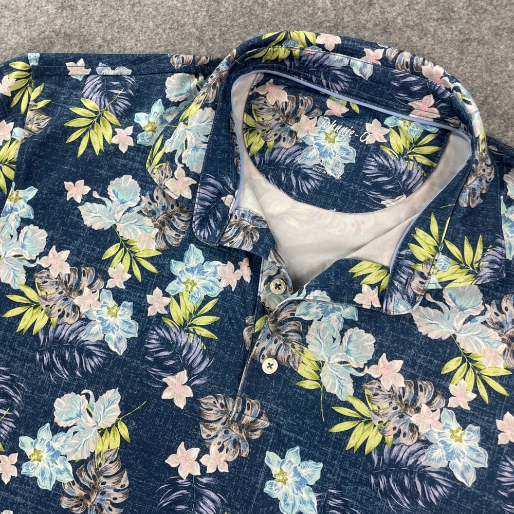 johnnie-O Mens Polo Shirt XL Tropical Floral Stretch Performance Navy Blue Prep